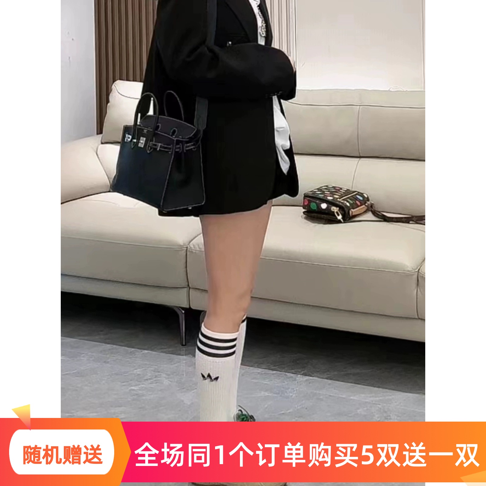 欧货高端运动小腿袜女士黑白条纹显瘦压力高筒袜百搭长袜及膝袜