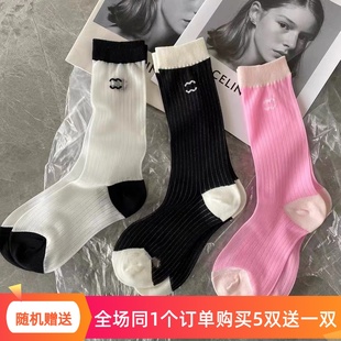 2022夏季 欧货袜子女微闪竖条纹拼色中筒丝袜洋气网红潮袜 新款
