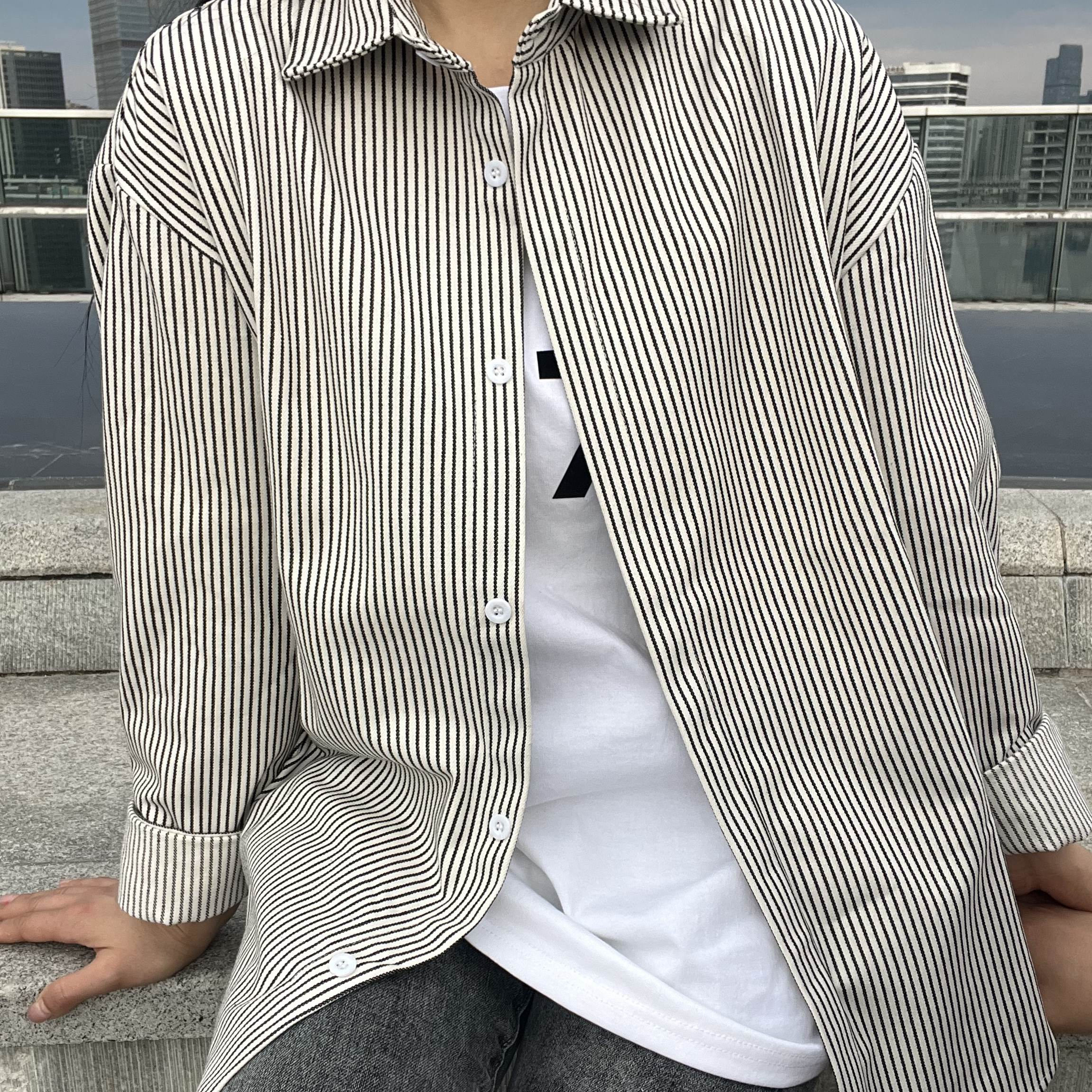 新款春季条纹长袖衬衫男女同款