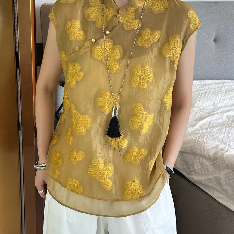 夏季新中式国风刺绣碎花无袖上衣