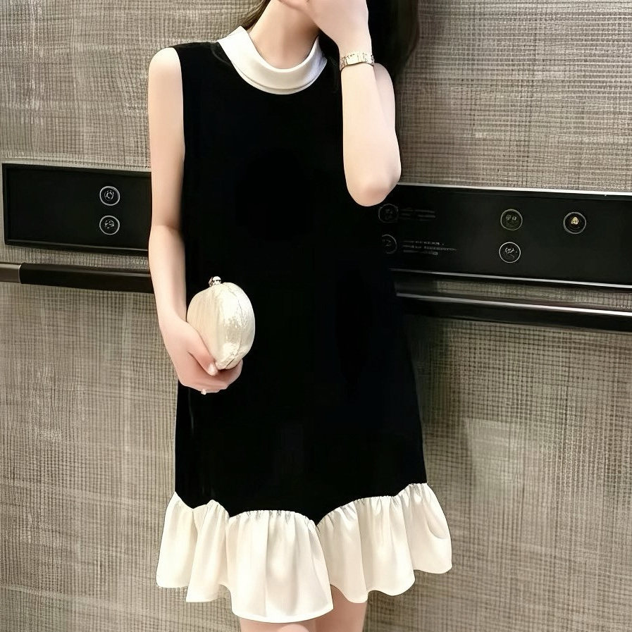 法式轻奢黑色无袖丝绒连衣裙女新款夏季荷叶边下摆气质中长款裙子