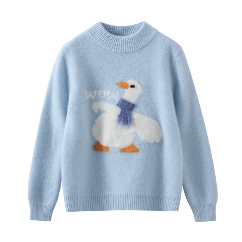 儿童100%羊毛衫秋冬男童套头大白鹅打底厚款毛衣蓝色女童针织上衣
