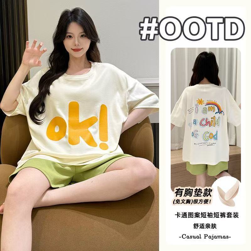 2026夏季新款固定胸垫睡衣女生短袖短裤套装卡通OK印花家居服外穿