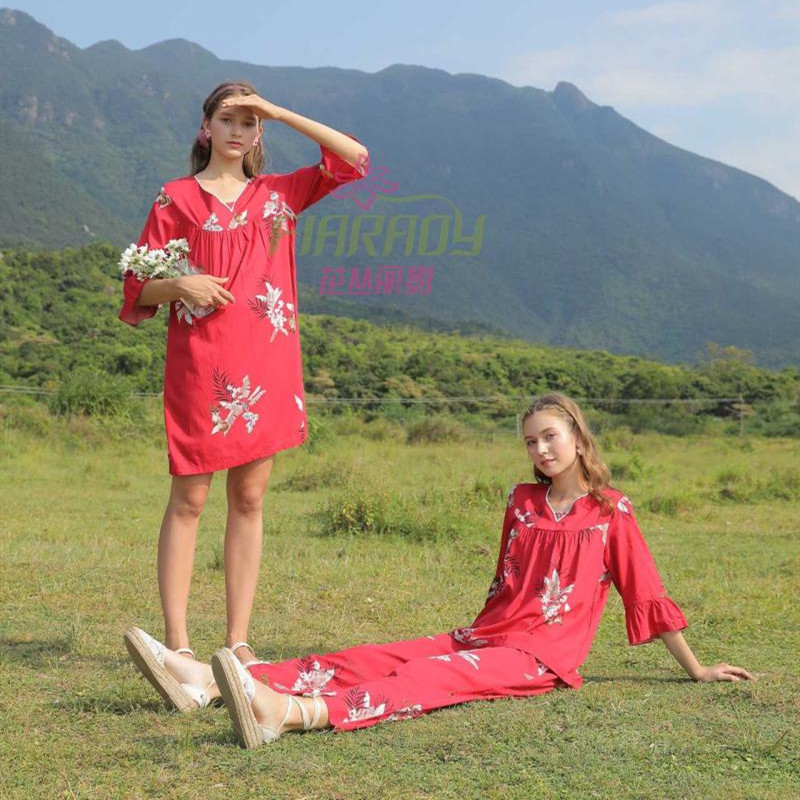 花丛丽影家居服2020春夏新品平纹休闲女套装睡裙粘纤棉质七分袖