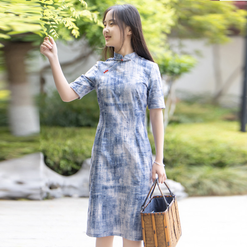 玉想夏季女花色纯棉单旗袍侧开叉原创文艺清新淡雅修身显瘦短旗袍