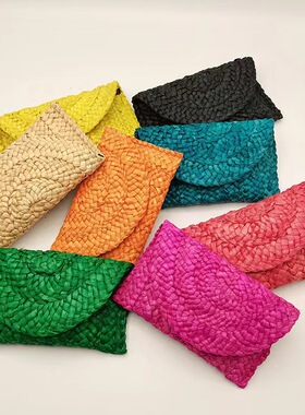 新款玉米皮草编包手拿包女大容量夹包手工编织包手机包零钱包日韩