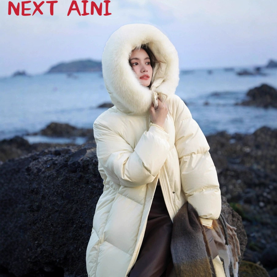 NEXT AINI黑金Plus儿童90鹅绒毛领白色加长款加厚羽绒服男女同款