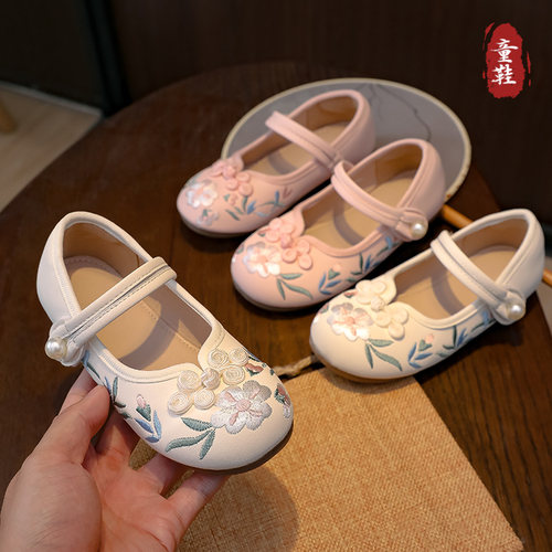 汉服鞋女童新中式国风绣花皮鞋