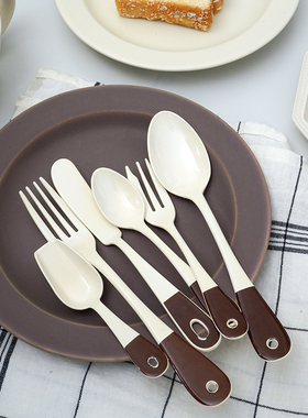 日本elfin高桑金属手工搪瓷珐琅餐具简约双拼正餐叉勺甜品勺套装