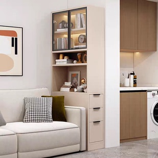 实木转角书柜窄柜玻璃带门沙发边柜书架落地夹缝收纳柜侧面抽拉柜