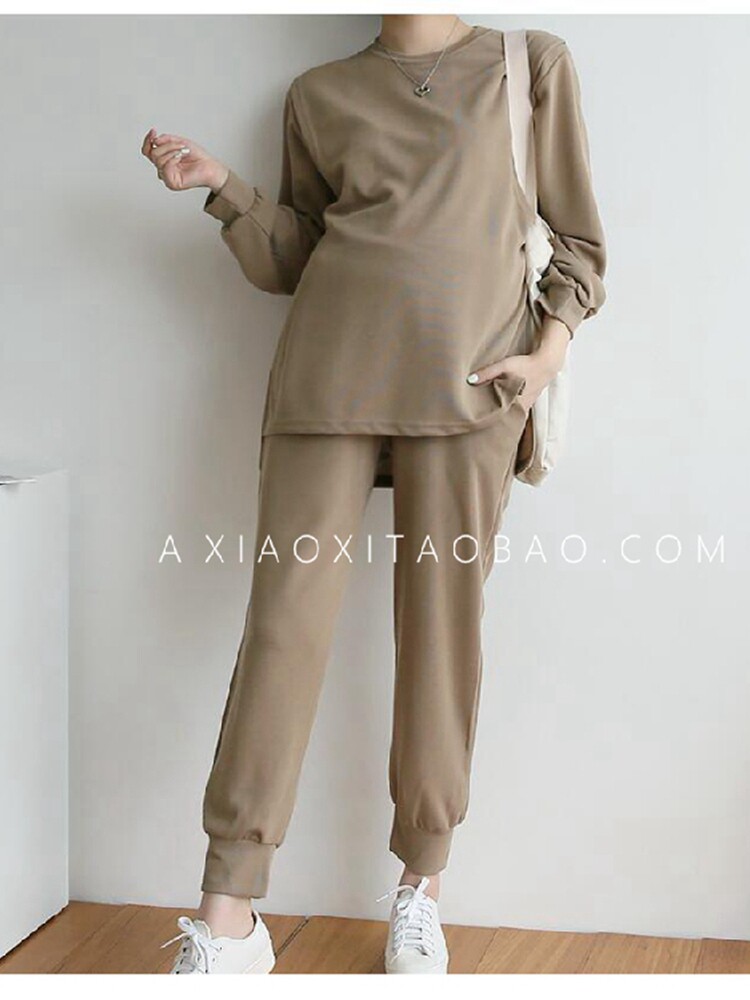 MATERNITY AUTUMN CLOTHES SET KOREA PURCHASING AGENT 2024 NEW OUTING SOLID COLOR CASUAL SPORTS BREASTFEEDING SPRING AND AUTUMN TWO-PIECE SET