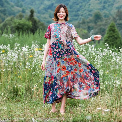 民族风纯棉印花拼接短袖连衣裙女 夏季复古大摆裙波西米亚长裙子