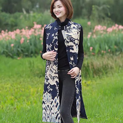 民族风龙纹棉麻女装中式马甲女 春秋款双层复古长款对襟开衫马夹