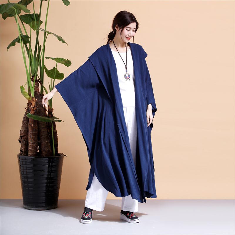 文艺棉麻春秋长款大码连帽斗篷女