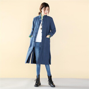中国风秋冬装亚麻中长款风衣女 复古盘扣大码修身秋冬加薄绒外套