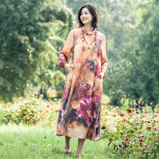 春秋棉麻印花立领长袖连衣裙女 民族风宽松裙子复古中式长裙袍子
