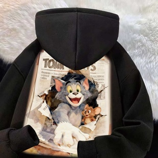 美式 卡通潮牌外套 复古猫和老鼠报纸破洞连帽卫衣秋加绒宽松情侣款