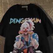 t恤女男街头潮牌纯棉上衣夏季 美式 甜酷小丑女手持甜甜圈印花短袖