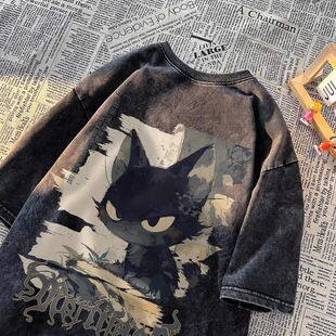 体恤 潮牌卡通猫咪宽松情侣半袖 水洗做旧纯棉重磅短袖 T恤男女夏季