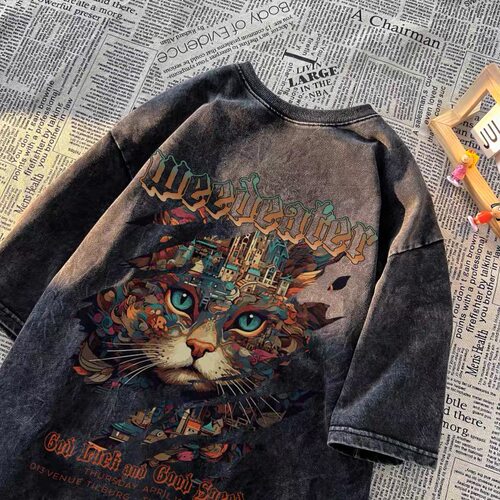 花猫印花水洗做旧纯棉短袖t恤男