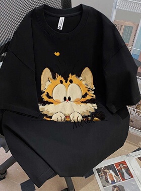 新款日系卡通猫咪印花夏季短袖T恤男女同款宽松圆领纯棉上衣黑色