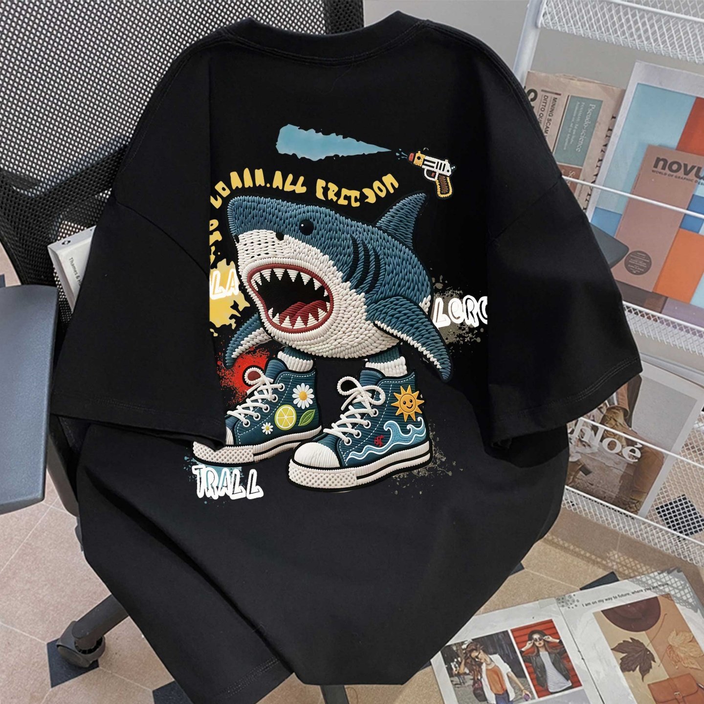 夏季新款oversize鲨鱼印花短袖男ins潮流嘻哈情侣宽松纯棉T恤衫,男装,T恤,淘宝优惠券,粉丝福利购,淘宝优惠卷