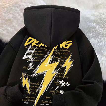 高街风黑色加厚新款连帽卫衣男后背闪电字母印花潮流个性穿搭外套