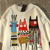 100%纯棉日系复古涂鸦搞怪印花短袖 t恤2024夏设计感甜酷情侣上衣