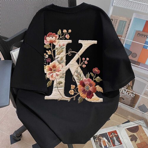纯棉美式复古K字母刺绣短袖T恤