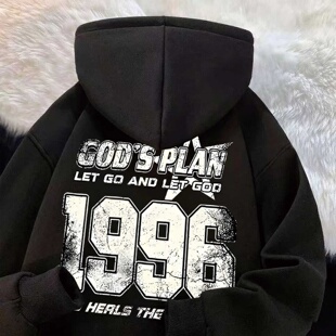 复古做旧字母印花连帽卫衣男女潮牌高街1996宽松美式街头情侣外套