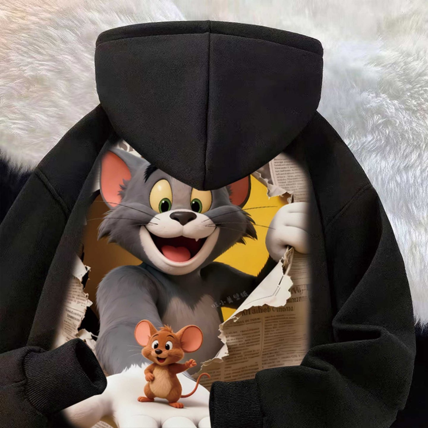 猫和老鼠报纸破洞印花连帽卫衣加绒宽松卡通汤姆杰瑞情侣秋冬上衣,男装,卫衣,淘宝优惠券,粉丝福利购,淘宝优惠卷