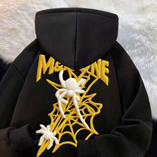 暗黑系立体蜘蛛蛛网印花新款连帽卫衣加绒宽松潮牌情侣装小众外套