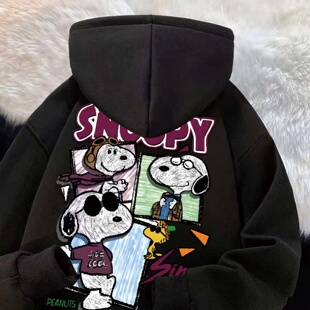 美式复古史努比卡通涂鸦印花加厚连帽卫衣加绒宽松情侣款秋冬上衣