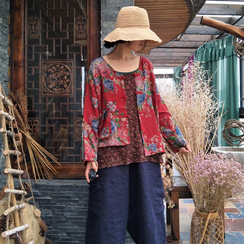 春夏季薄款长袖衬衫女 纯棉印花宽松不对称复古盘扣开衫短外套秋