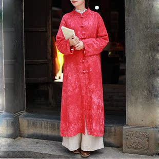 中长款春秋棉麻风衣外套女 民族风复古宽松中式立领过膝对襟开衫