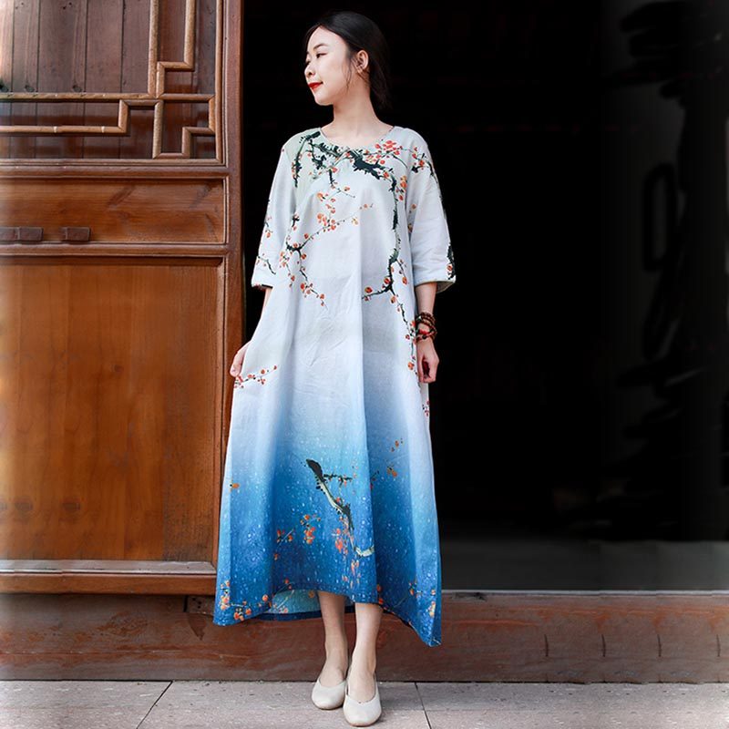 民族风棉麻宽松半袖连衣裙女 文艺斜襟盘扣渐变印花中长裙子夏季,女装/女士精品,连衣裙,淘宝优惠券,粉丝福利购,淘宝优惠卷