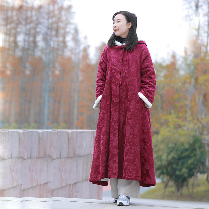冬季棉麻毛里连帽长款风衣女外套