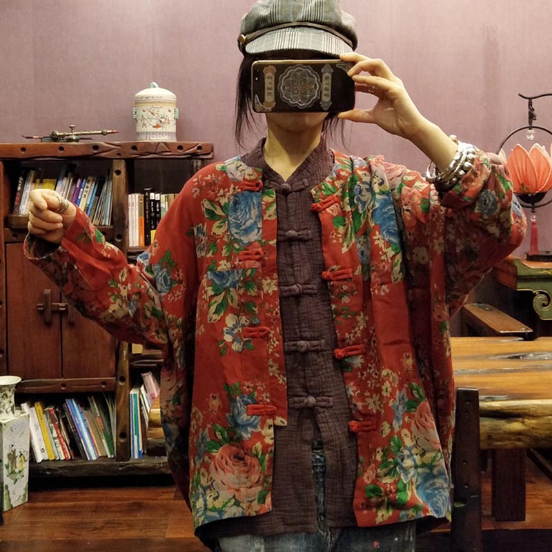 民族风纯棉薄款短外套女 春秋复古中式唐装印花长袖开衫大码上衣