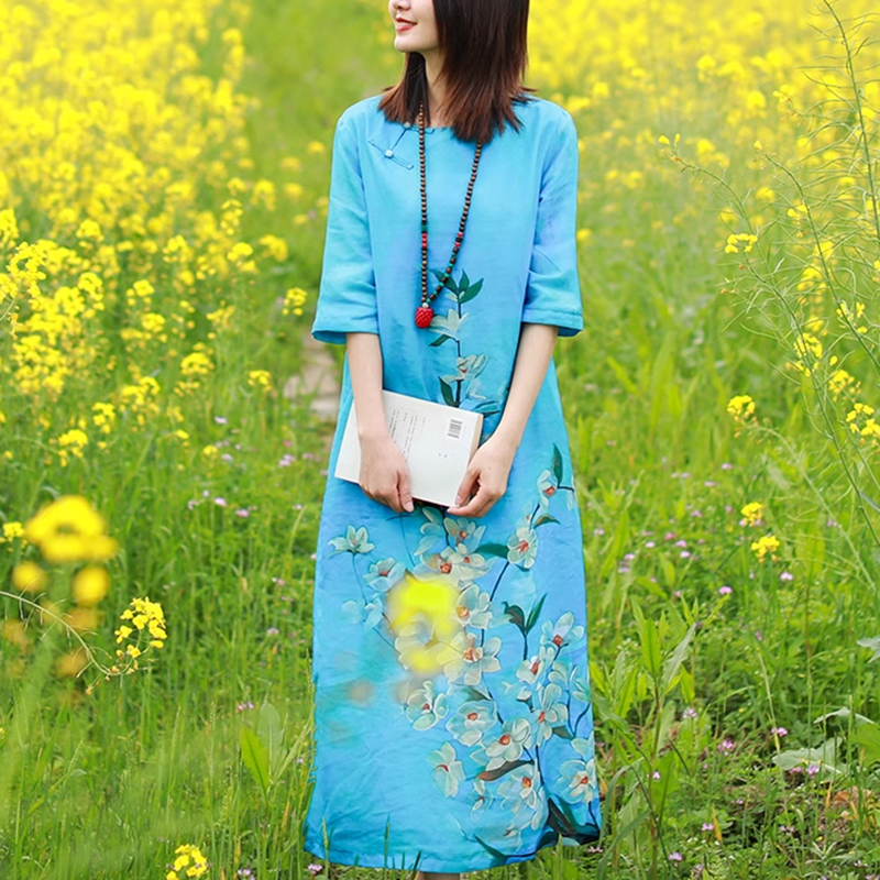 民族风苎麻印花半袖连衣裙女春夏