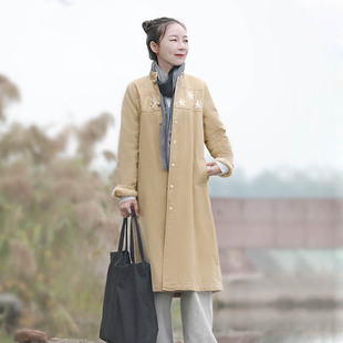 冬季纯色立领长款加绒棉衣女 文艺棉麻宽松毛里保暖过膝风衣外套