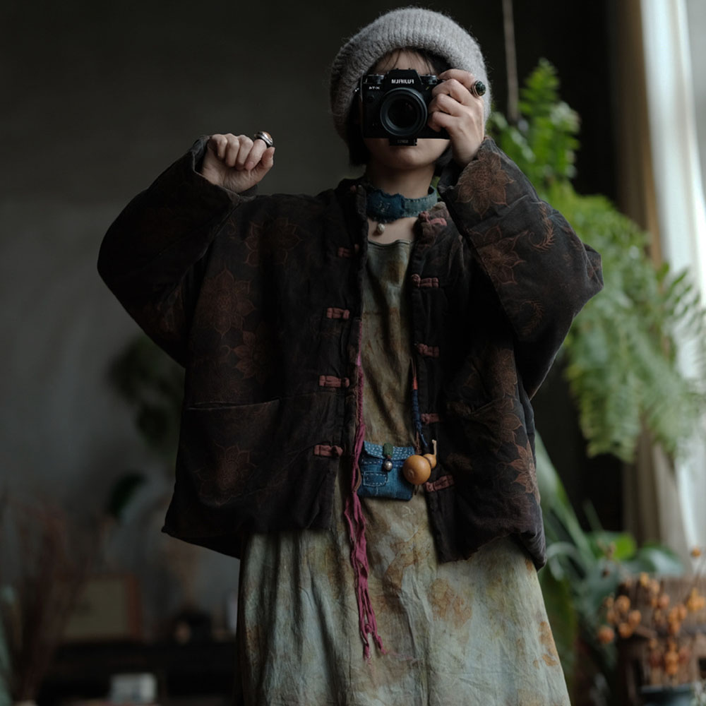 秋冬纯棉印花妈妈装短款棉服外套