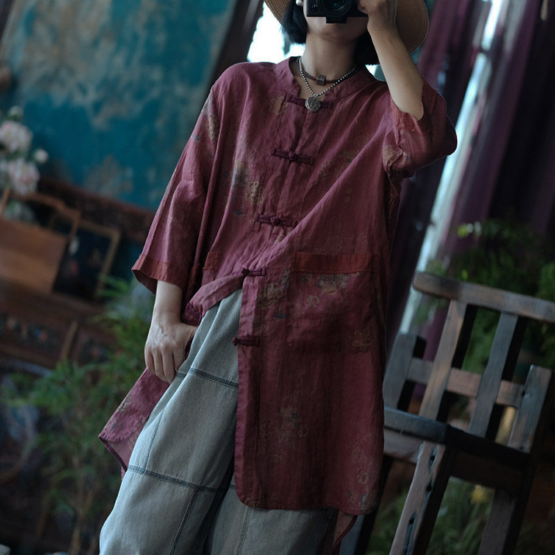 复古文艺麻料宽松印花对襟上衣衬衫女 春夏季新中式盘扣外搭长衫