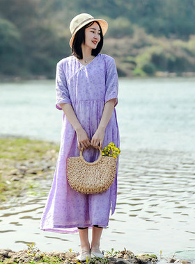 夏季天丝麻高级紫色高腰腰带半袖连衣裙女 文艺V领宽松印花长裙子