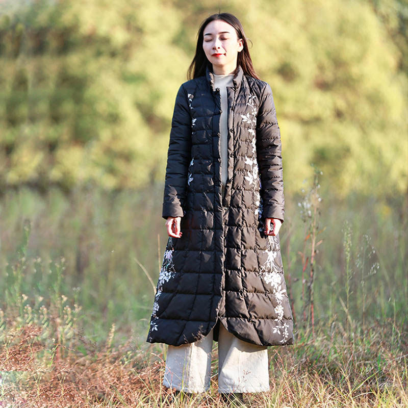 文艺立领纯色印花白鹅绒长款棉衣女 冬季盘扣轻薄开衫风衣羽绒服