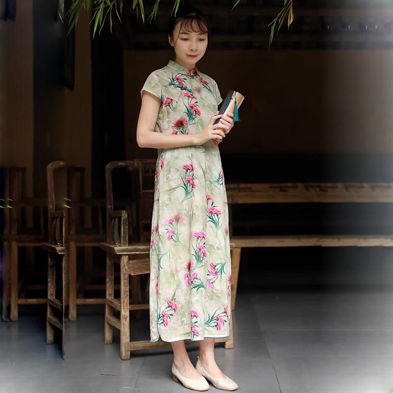 中式苎麻印花旗袍短袖连衣裙女夏