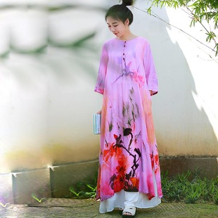 圆领宽松休闲长裙 复古a字裙套头夏季 民族风棉麻印花半袖 连衣裙女