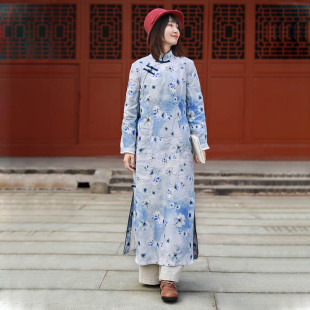 民族风亚麻印花长袖连衣裙女 新中式立领盘扣日常旗袍长裙春秋装
