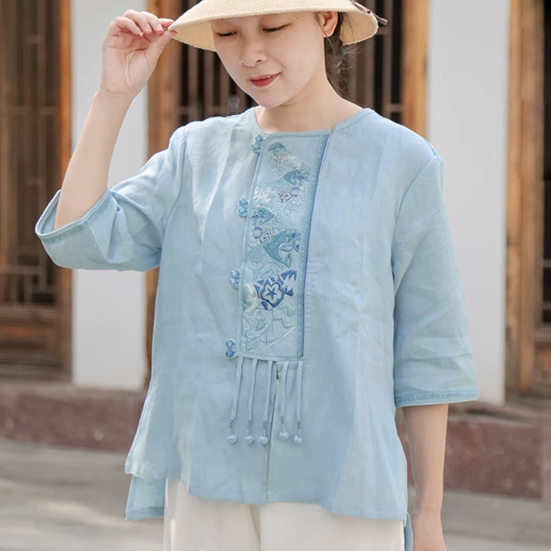古典亚麻刺绣半袖衬衫女夏秋宽松