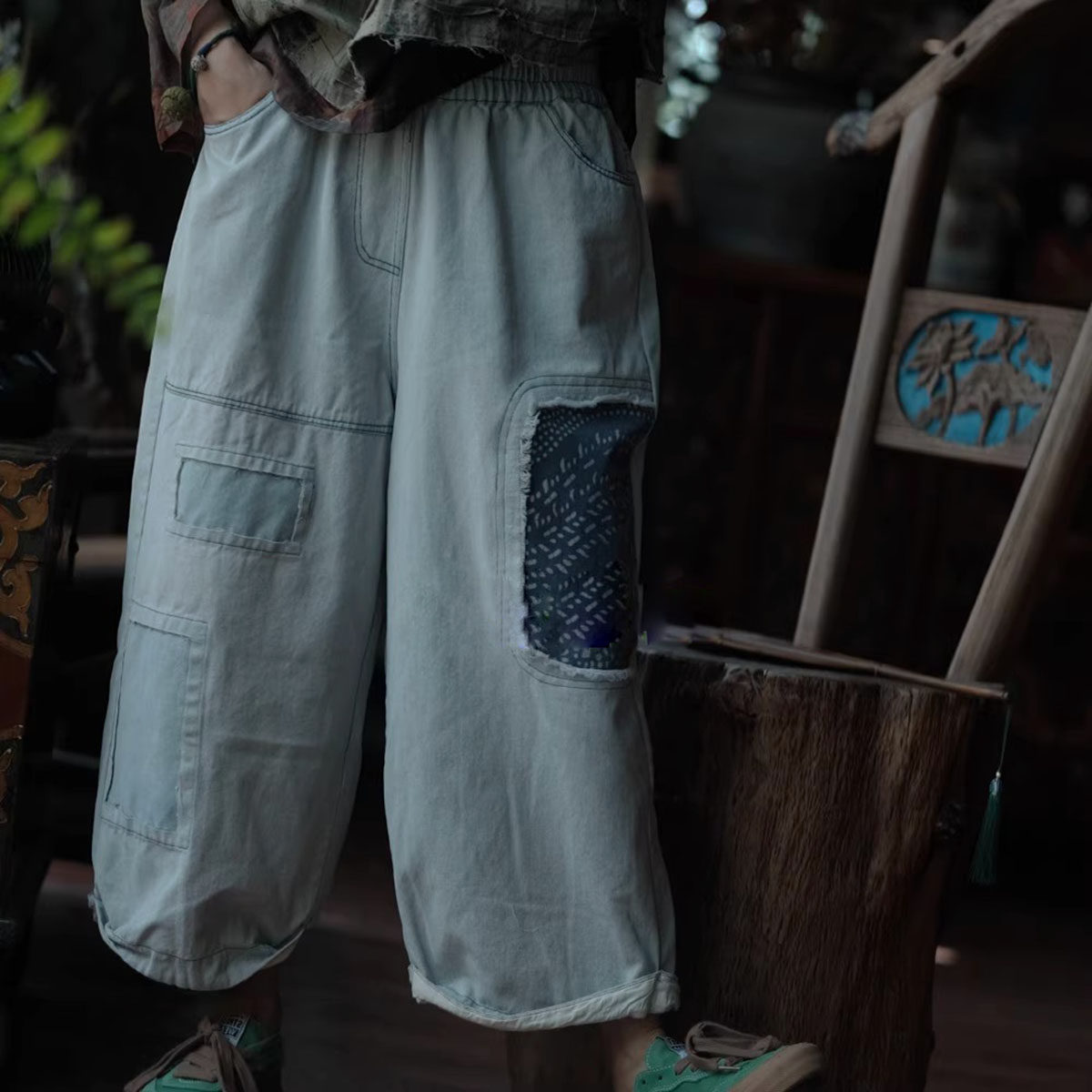 纯棉牛仔裤撞色拼布宽松九分裤女