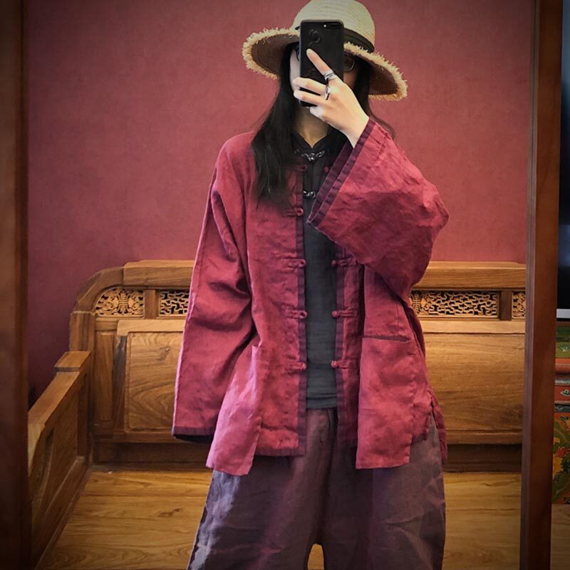 民国风纯亚麻对襟宽松短外套女 春秋季复古开衫中式长袖禅意衬衫